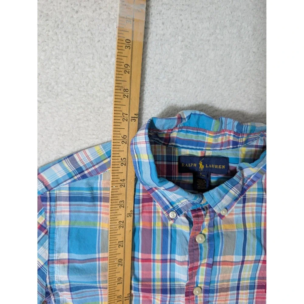 Ralph Lauren Plaid‎ Button Down Boys L Blue Multi Short Sleeve Pony Logo